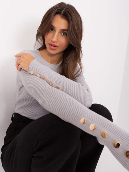 Gray Classic Sweater with Buttons on Sleeves