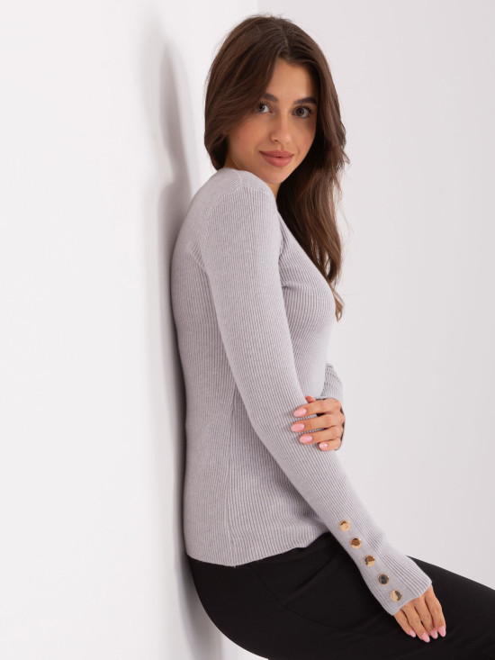 Gray Classic Sweater with Buttons on Sleeves