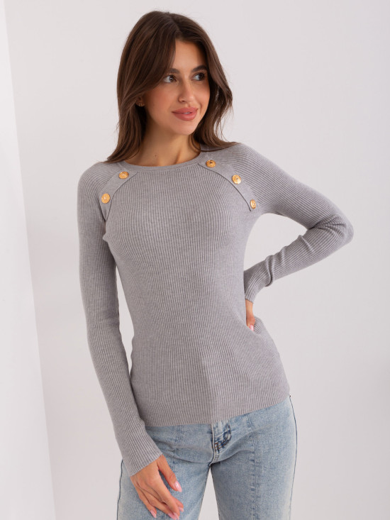 Gray Classic Sweater with Decorative Buttons