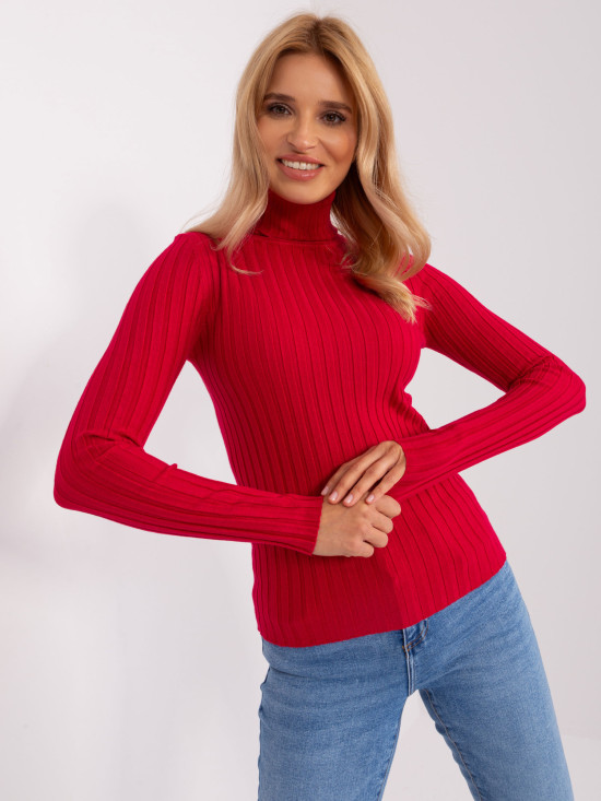 Red Women's Sweater with Turtleneck Made of Viscose