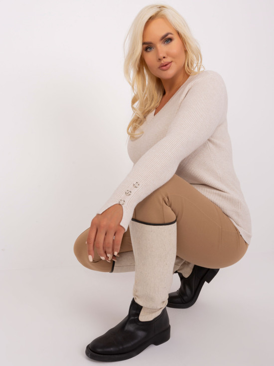 Light Beige Plus Size Women's Sweater with V-Neck