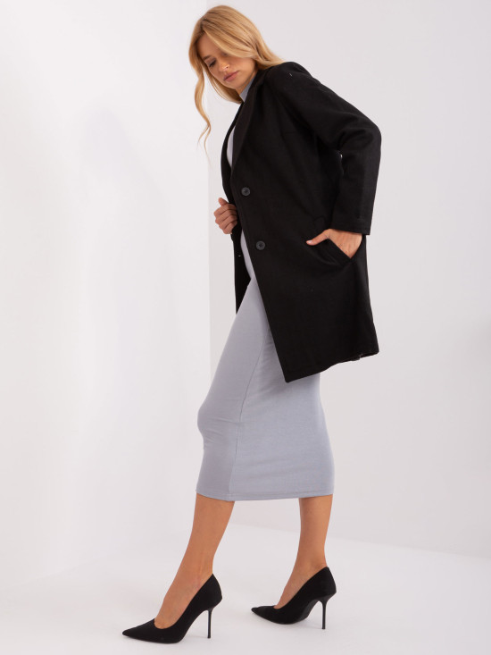 Black Transitional Coat with Buttons and Pockets