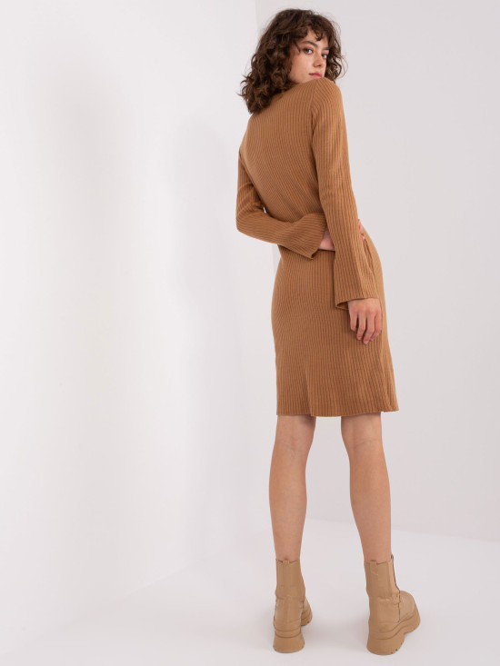 Camel Knit Dress with Flared Sleeves