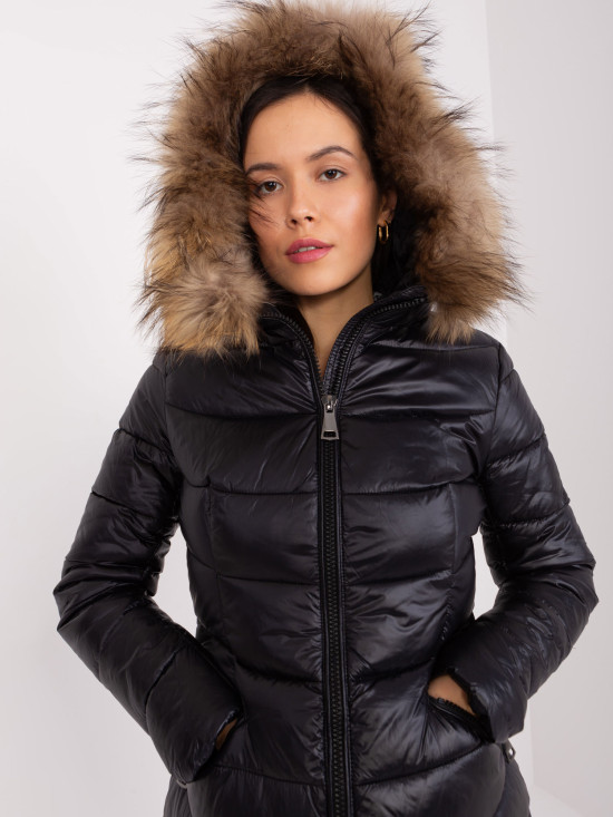 Black Winter Quilted Jacket with Fur