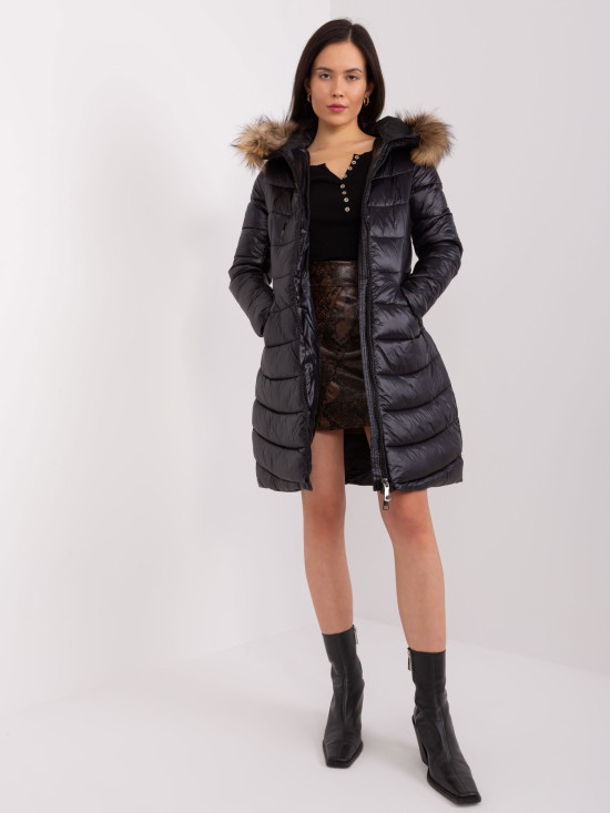 Black Winter Quilted Jacket with Fur
