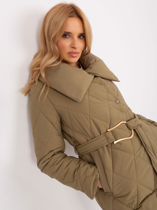 Khaki Long Winter Jacket with Quilting