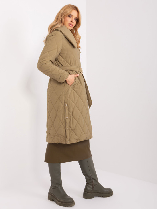 Khaki Long Winter Jacket with Quilting