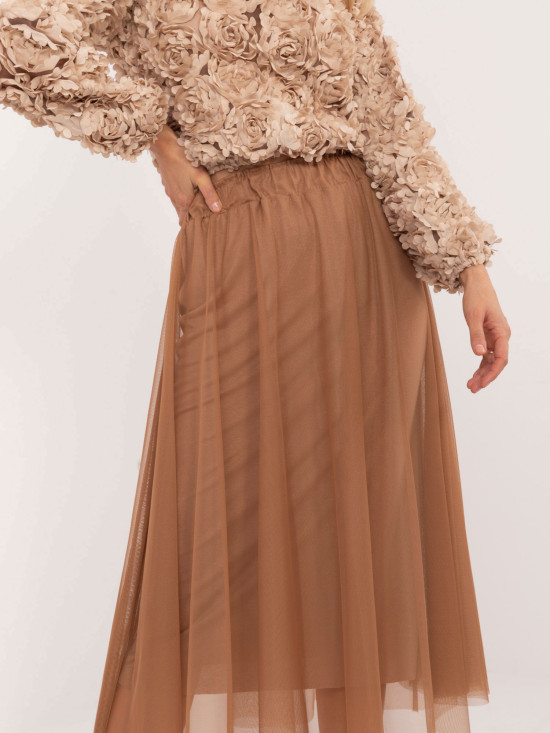 Midi Tulle Skirt in Camel Color