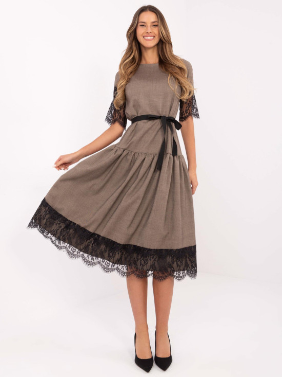 Beige Flared Dress with Lace