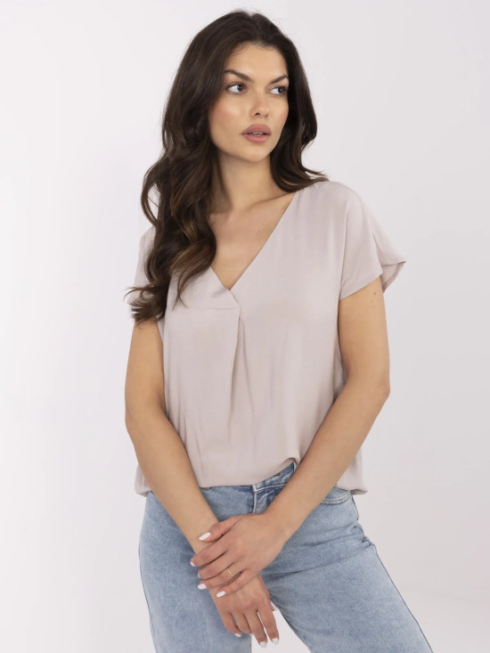 Beige Blouse with V-Neck