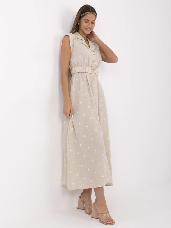 Beige Flared Dress with Embroidery