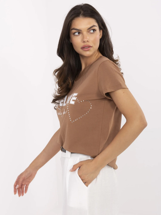 Beige T-Shirt with Application and Rhinestones