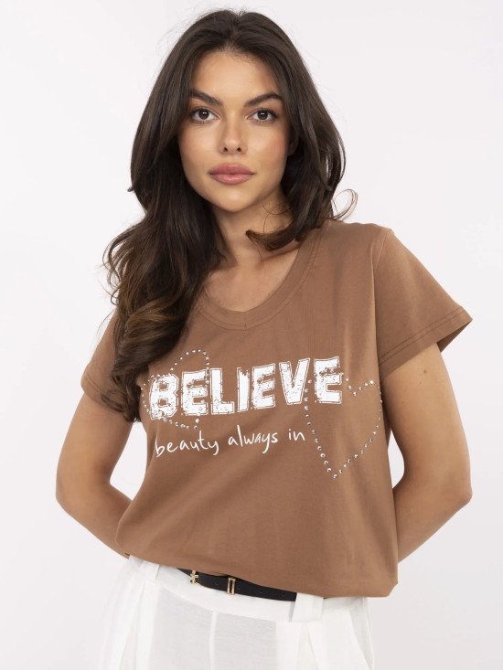Beige T-Shirt with Application and Rhinestones