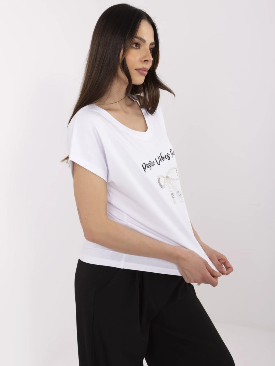 White T-shirt with Application and Rhinestones