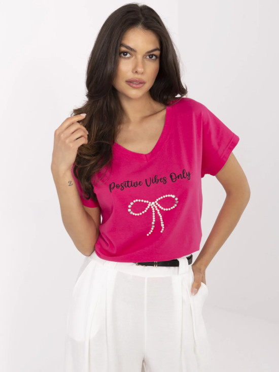 Pink T-Shirt with Application and Rhinestones