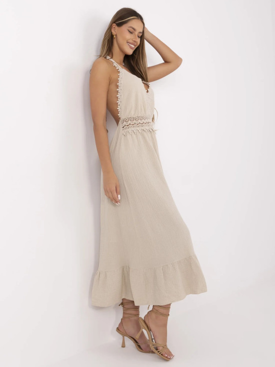 Beige Flared Dress with V Neckline