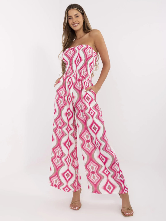 White-Pink Geometric Pattern Jumpsuit