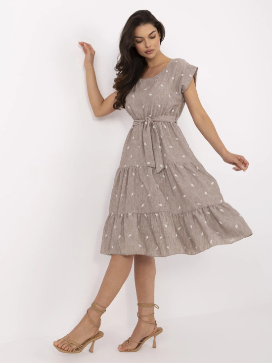 Beige Flared Dress with Embroidery