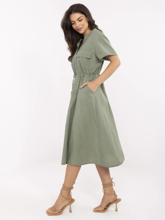 Khaki Flared Dress with Short Sleeves