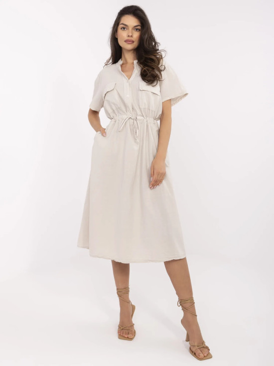 Beige Flared Dress with Short Sleeves