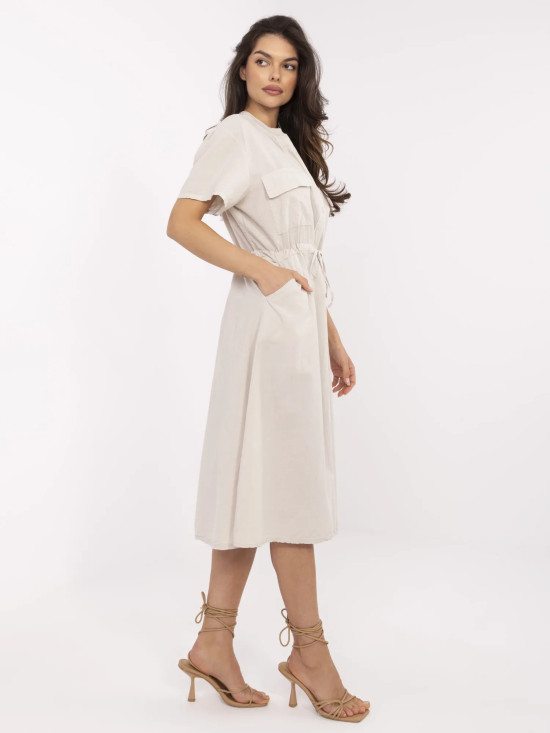 Beige Flared Dress with Short Sleeves