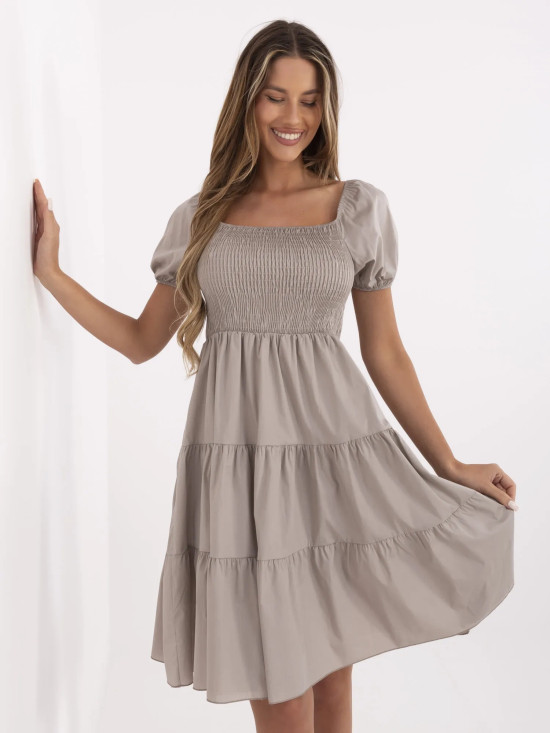 Beige Flared Dress with Short Sleeves