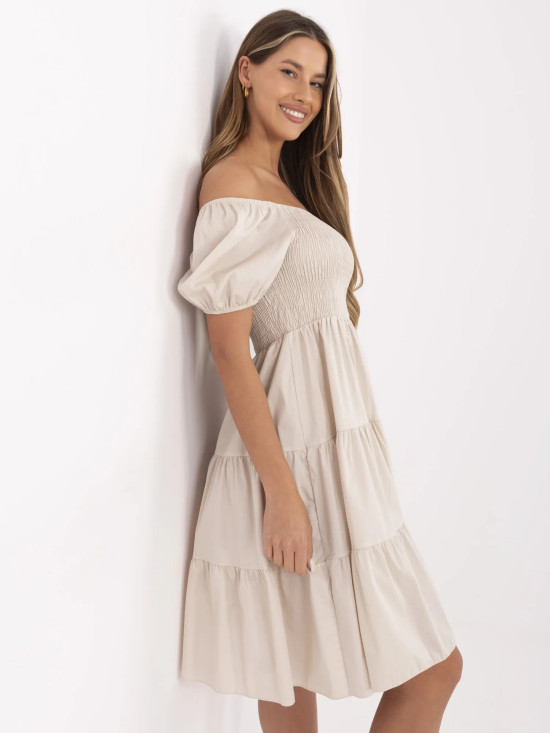 Beige Flared Dress with Short Sleeves