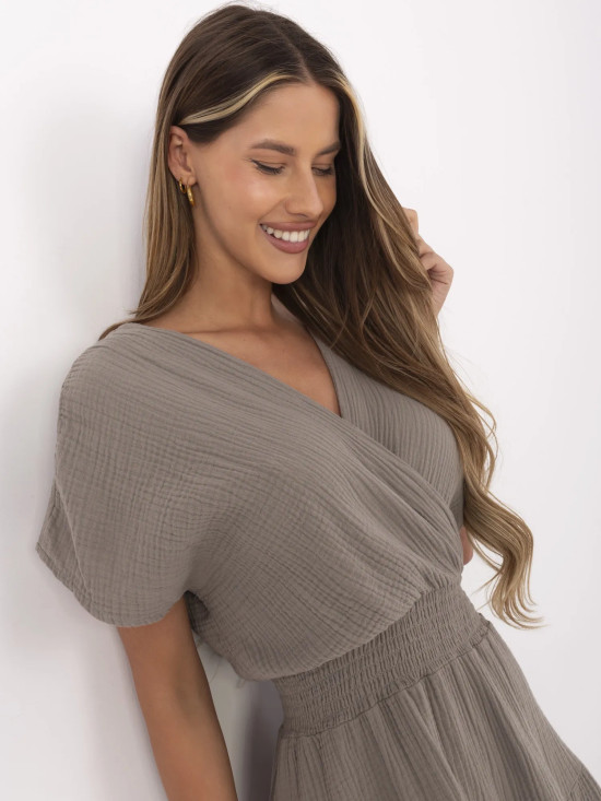 Beige Flared Dress with Short Sleeves