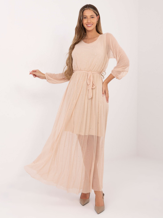 Beige maxi dress with appliqué and belt