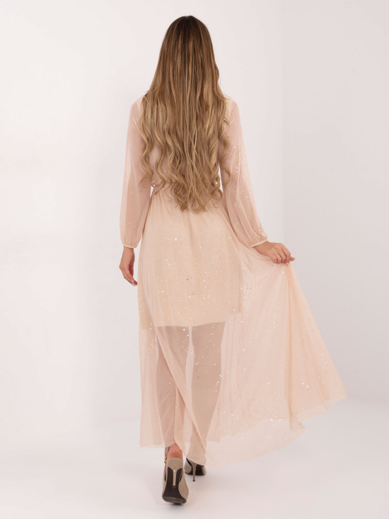 Beige maxi dress with appliqué and belt