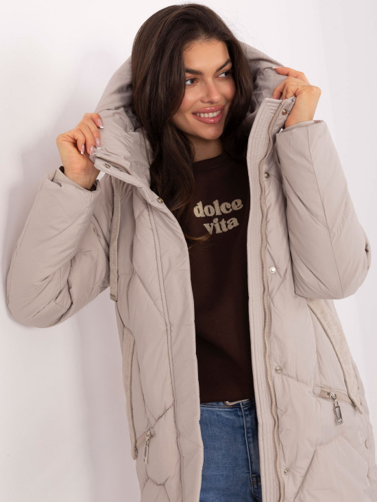 Beige Long Quilted Coat with Hood