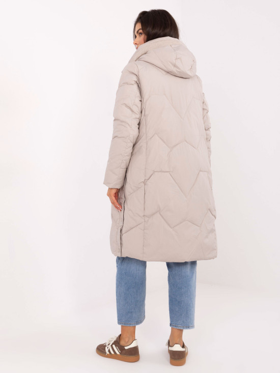 Beige Long Quilted Coat with Hood