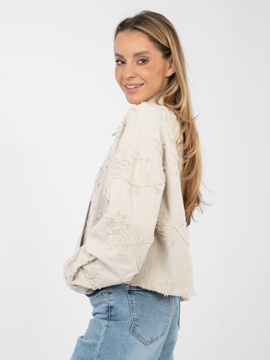 Beige Short Denim Jacket with Floral Appliqué
