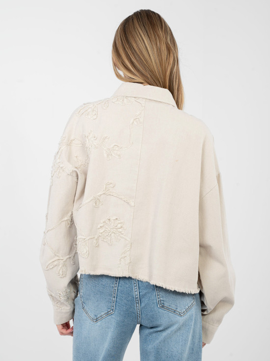 Beige Short Denim Jacket with Floral Appliqué