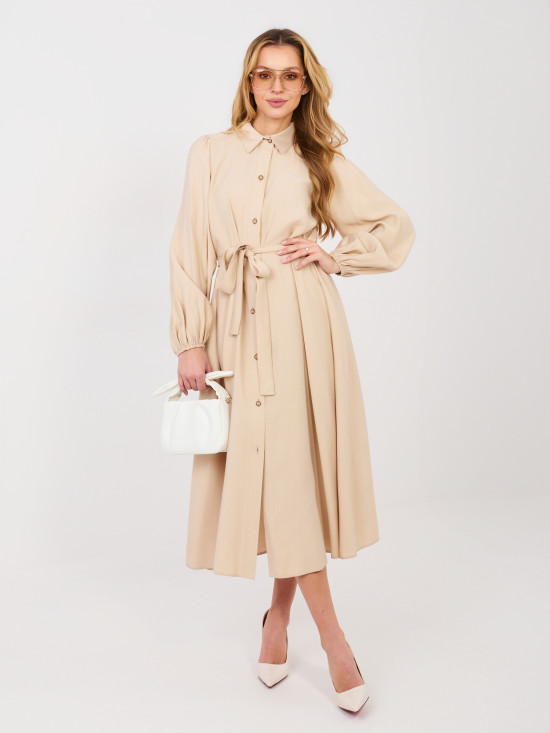 Beige shirt midi dress with belt