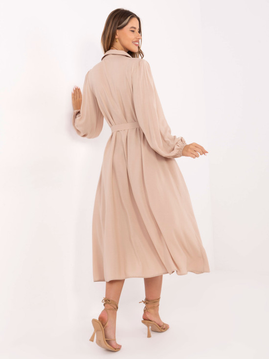 Elegant Beige Midi Dress with Long Sleeves