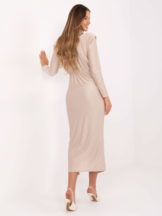 Beige midi pencil dress with wrap neckline and ruching