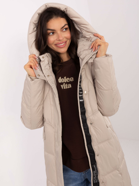 Beige long quilted coat with hood
