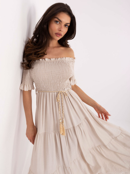 Beige Flared Dress with Belt
