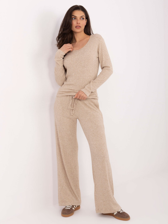 Beige wide ribbed knit trousers with high waist