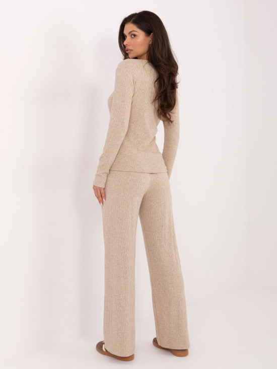 Beige wide ribbed knit trousers with high waist