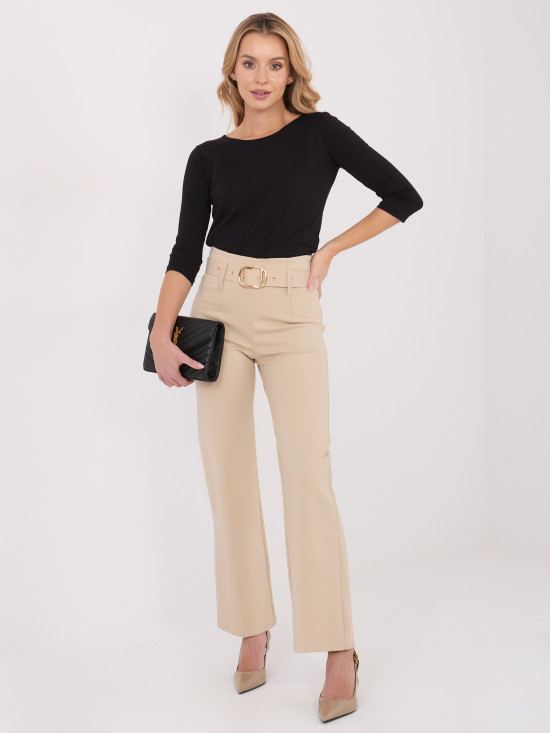 Beige elegant straight-leg trousers with high waist and belt