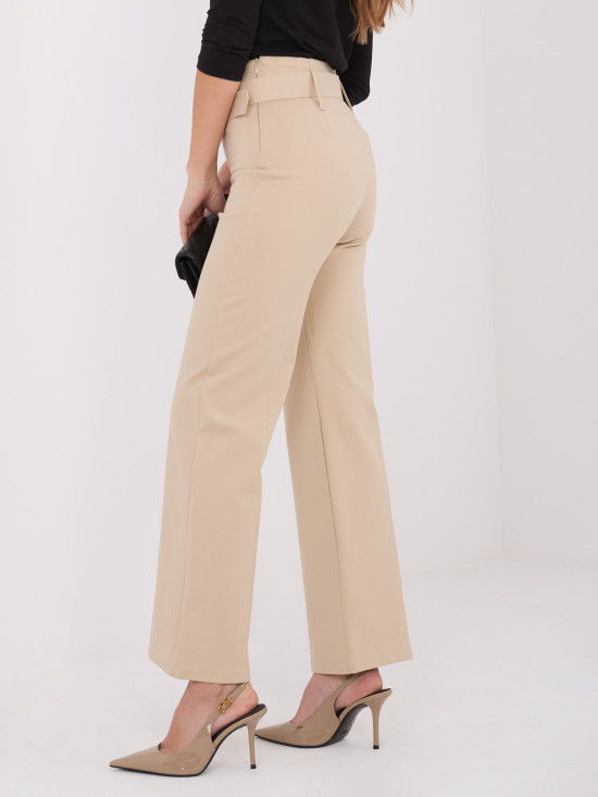 Beige elegant straight-leg trousers with high waist and belt