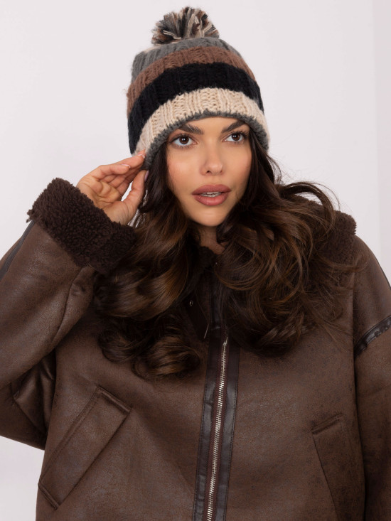 Beige Striped Beanie with Pom Pom