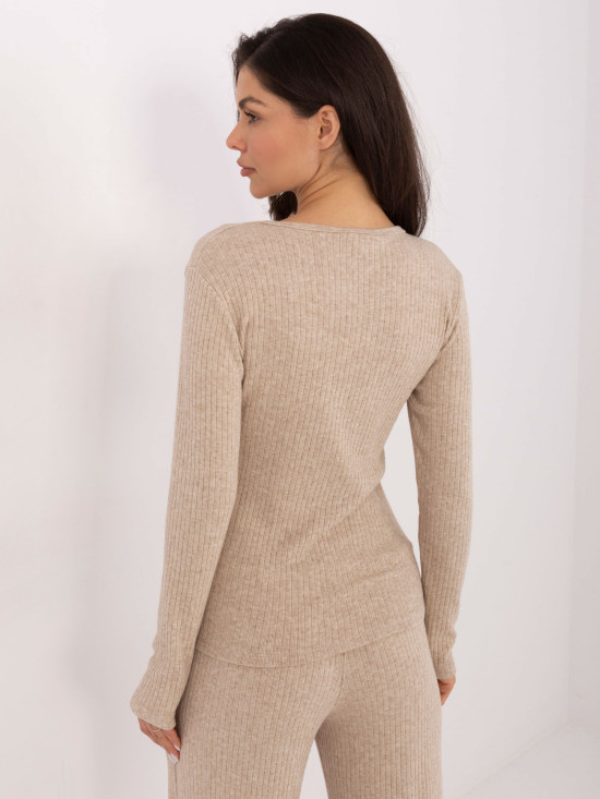 Beige Ribbed V-Neck Sweater