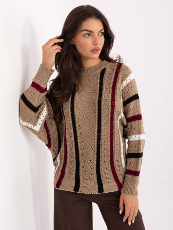 Beige openwork striped sweater