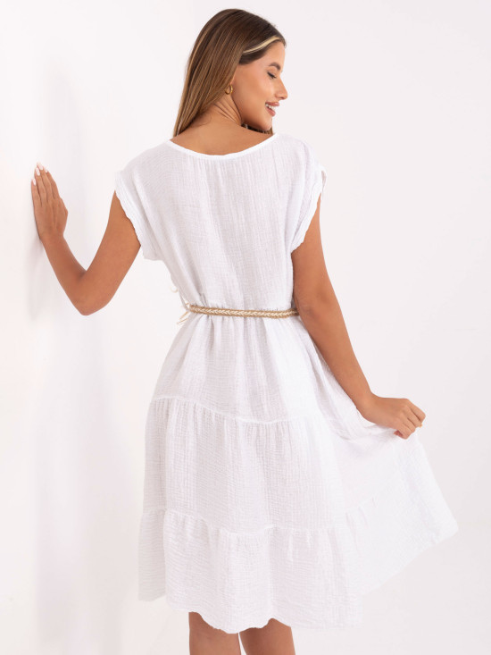 White Summer Dress with Belt and Ruffles