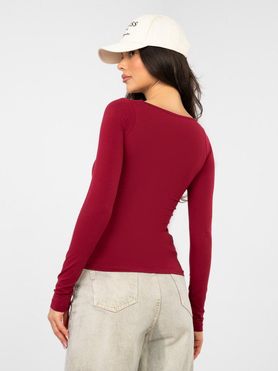 Burgundy cotton blouse with long sleeves and square neckline