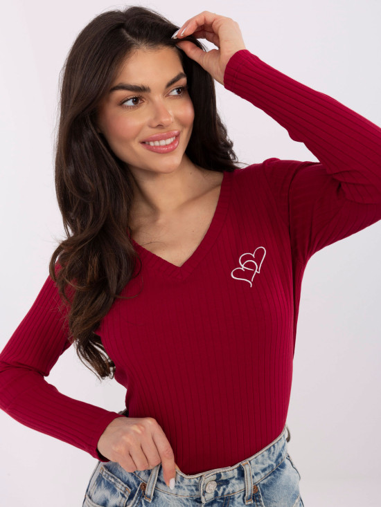 Burgundy blouse with embroidery and V-neck
