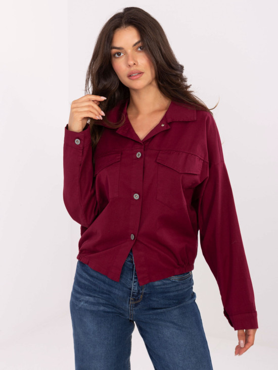 Burgundy cotton shirt with long sleeves and pockets